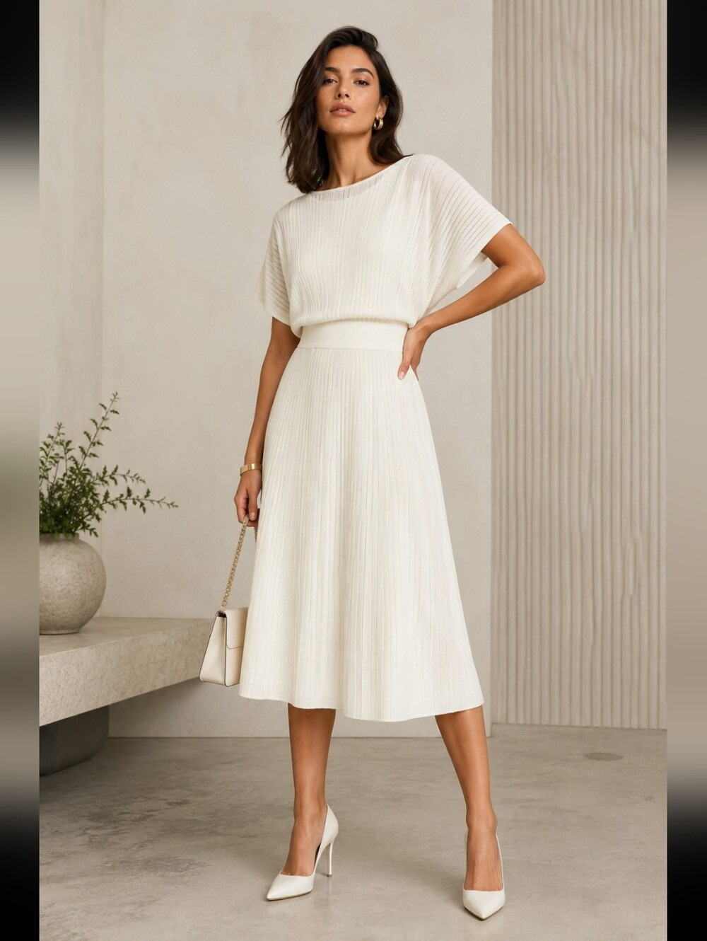 Hugo‎ Boss Fleuretta Elegant Cream Knit  Ribbed Dress